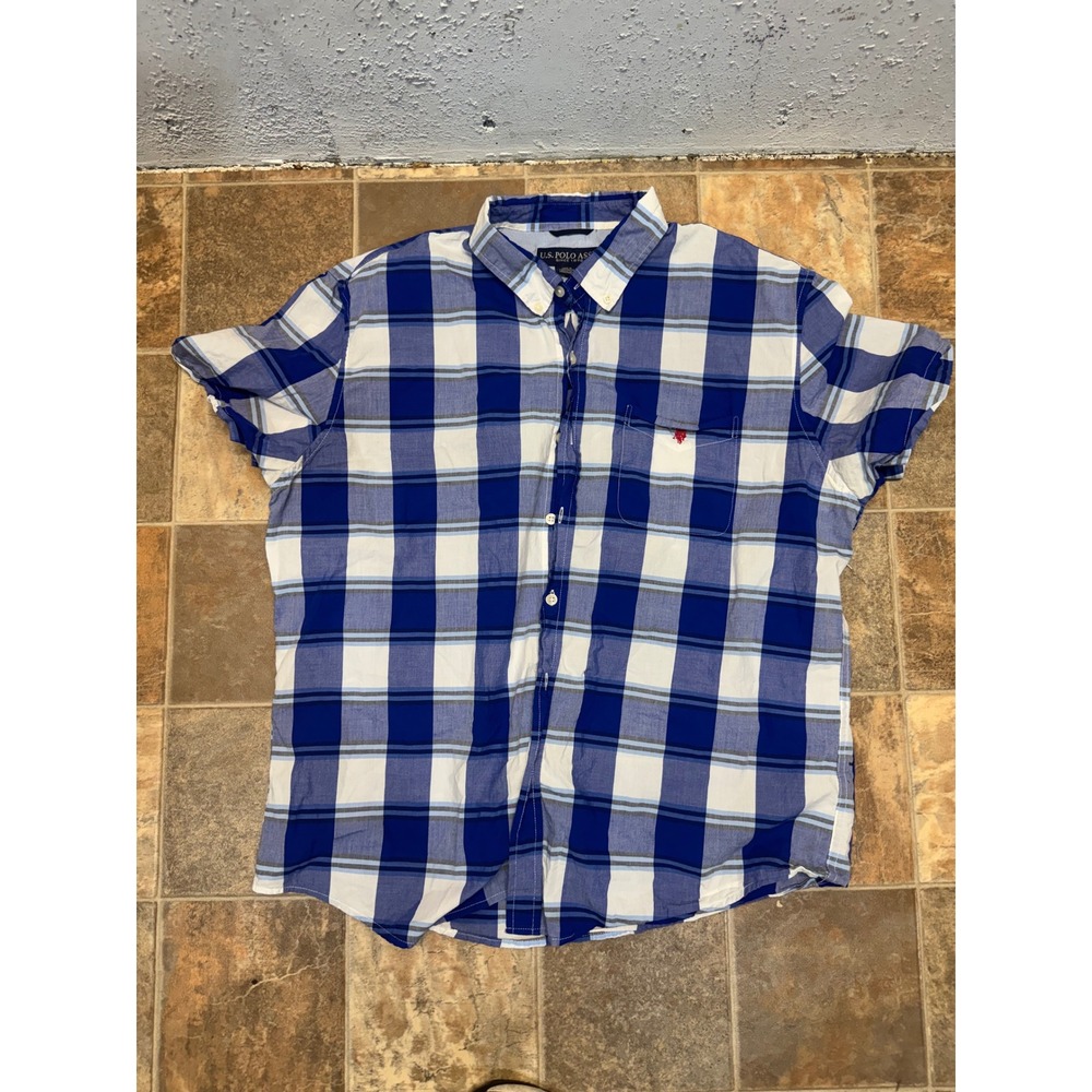 US Polo Assn Mens XL Short Sleeve Button Down Shirt Blue White Plaid 1D06